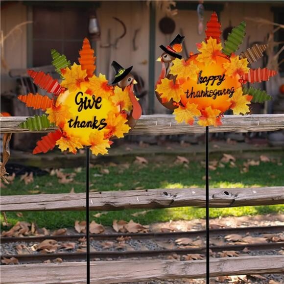 Set of 2 Turkey Garden Stakes Thanksgiving Decor, 36 Inch Metal Fall - Picture 5 of 8